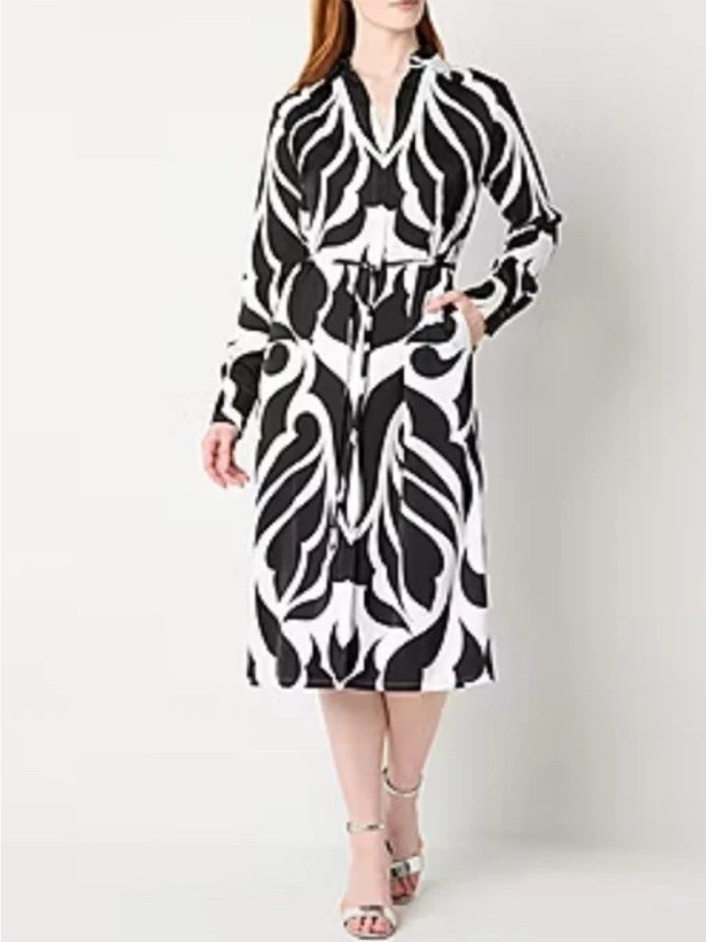 PXXL-Worthington Womens Long Sleeve Geometric Midi Shirt Dress black/white
